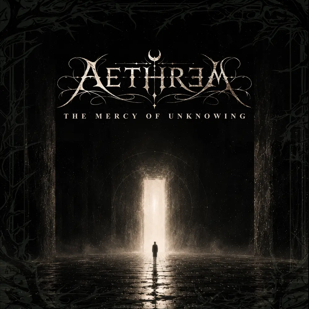 The Mercy of Unknowing — album cover: a lone figure before a glowing doorway